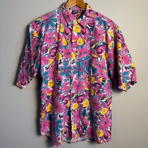 Pro Spirit Mens Vintage Floral Print Short Sleeve Button Up Shirt Large Colorful